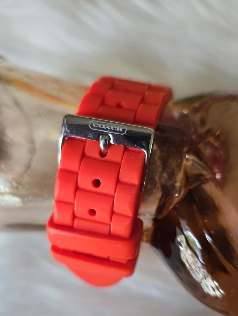Coach Women's Silver Case Watch with Red Silicone Strap